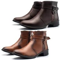 Kit 2 Pares Botas Femininas Cano Curto Hencco Detalhes da Moda com Fivela Com Zíper