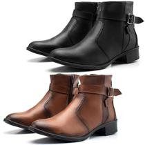 Kit 2 Pares Botas Femininas Cano Curto Hencco Detalhes da Moda com Fivela Com Zíper