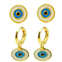 Kit 2 Pares Brinco Olho Grego Argola e Fixo Folheado Ouro 18K