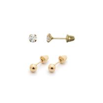 Kit 2 pares Brincos de Ouro 18K Bolinha e Pedra de 3mm - Meu Primeiro Brinco Recém Nascida