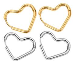 Kit 2 Pares Brincos Prata E Dourado Argola De Coração Aço Inox
