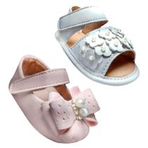 Kit 2 Pares de Calçados Bebê Menina Recem Nascido Laço, Pérolas e Flores