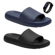 Kit 2 Pares De Chinelo Nuvem Masculino Slide Preto E Azul Marinho Com Relógio