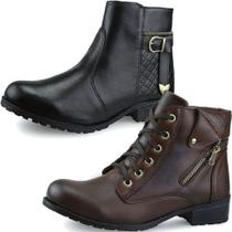 Kit 2 Pares de Coturno Bota Feminino Salto Baixo Rasteiro Amarração Cadarço