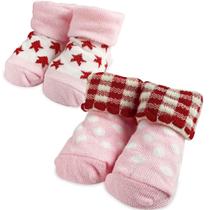 Kit 2 Pares de Meia para Recém Nascido Bebê RN Rosa Vermelho Estrela Xadrez Adoleta