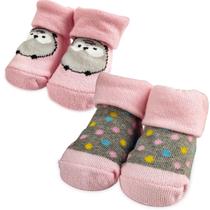 Kit 2 Pares de Meia Rosa Bebê 0 a 6 meses Estampadas Infantis Adoleta Poá Coruja Kit 2 Pares de Meia Rosa Bebê 0 a 6 meses Estampadas Infantis Adoleta Poá Coruja