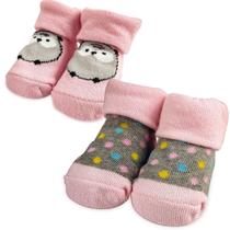 Kit 2 Pares de Meia Rosa Bebê 0 a 6 meses Estampadas Infantis Adoleta Poá Coruja Kit 2 Pares de Meia Rosa Bebê 0 a 6 meses Estampadas Infantis Adoleta Poá Coruja