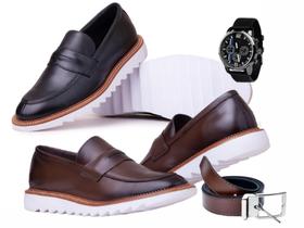Kit 2 pares de Sapato Oxford masculino Loafer Solado Tratorado Esporte Fino de Couro + cinto relógio
