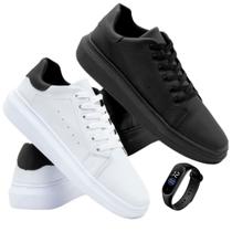 Kit 2 Pares De Tenis Sapatenis Masculino Casual Sola Alta Preto E Branco Com Relógio