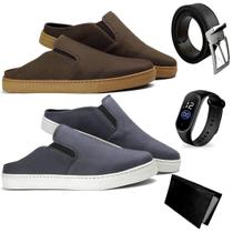 Kit 2 Pares Mule Slip On Masculinos Casual +Relogio + Cinto e Carteira