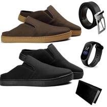 Kit 2 Pares Mule Slip On Masculinos Casual +Relogio + Cinto e Carteira