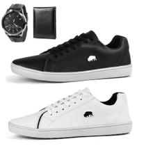 Kit 2 Pares Sapatênis Casual Masculino Hugo Olly Com Relógio e Carteira Branco e Preto