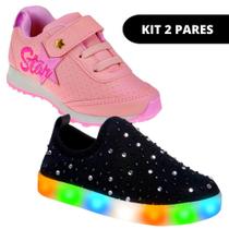 Kit 2 Pares Sapato Tênis Led Infantil Feminino de Menina Escolar