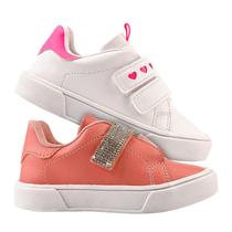 Kit 2 Pares Tênis Branco Corações e Tênis Rosa Escuro Strass Infantil Feminino