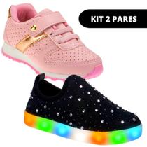 Kit 2 Pares Tênis Led Infantil Feminino Casual e Escolar Kit 2 Pares Tênis Led Infantil Feminino Casual e Escolar