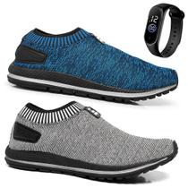 Kit 2 Pares Tênis Meia Masculino Casual Calce Fácil Com Elástico + Relógio Digital