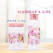 Kit 2 pç 1 Pote de 1,9 e 1 Garrafa 1,5l de Plástico decorado Paris Kit 2 pç 1 Pote de 1,9 e 1 Garrafa 1,5l de Plástico decorado Paris