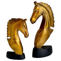 Kit 2 Pçs Escultura Cavalo Dourado Estátua Decorativa Enfeite
