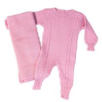 Kit 2 Pçs Saída Maternidade Macacão e Manta Trança Tricot Unissex M - Aconchego Baby