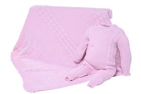Kit 2 Pçs Saída Maternidade Macacão M/L e Manta Trança Tricot Unissex