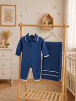 Kit 2 Pçs Tricot Macacão E Manta Saída Maternidade Menino Menina 0 a 3 Meses Recém Nascido Luxo Premium Gola Social