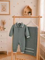 Kit 2 Pçs Tricot Macacão E Manta Saída Maternidade Menino Menina 0 a 3 Meses Recém Nascido Luxo Premium Gola Social
