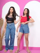 Kit 2 peças 1 calça cargo e 1 shorts cargo juvenil infantil jeans cintura alta menina 10 ao 16