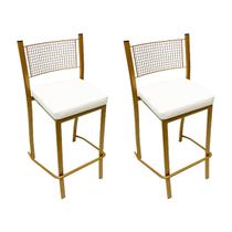 Kit 2 Peças Banqueta Média para Bancada Empilhável cor Dourado Fosco assento branco Altura 65cm - Poltronas do Sul