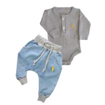 Kit 2 Peças Body Manga Longa e Calça Jeans Bordados