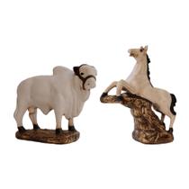 Kit 2 Peças Boi E Cavalo Decoração Escultura Enfeite Casa Country Rodeio - Várias Variedades