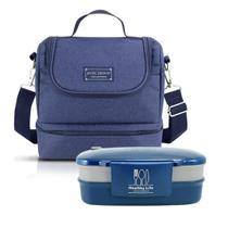 Kit 2 peças Bolsa Térmica 2 Compartimentos e Marmita Fitness Azul