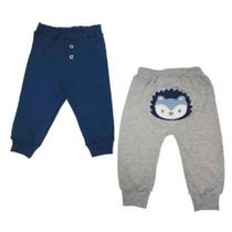 Kit 2 peças - calça bebê marinho lisa com botões e calça bebê mescla médio com bordado raposa atrás bosque