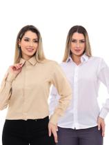 KIT 2 Peças - Camisa Social Feminina Premium Tipo Linho Bege e Camisa Social Feminina Branca