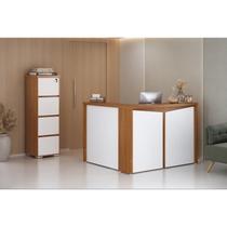 Kit 2 Peças com Balcão de Atendimento em L e Arquivo com 4 Gavetas e Chave Marrom/Freijó/Branco Artany