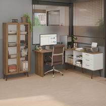 Kit 2 Peças com Escrivaninha em L 3 Gavetas e Armário Multiuso com Vidro Rustic/Branco Madesa Kit 2 Peças com Escrivaninha em L 3 Gavetas e Armário Multiuso com Vidro Rustic/Branco Madesa
