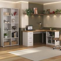 Kit 2 Peças com Escrivaninha em L com Nichos e 3 Gavetas e Estante Clean com 10 Nichos