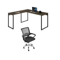 Kit 2 Peças com Mesa Escritório em L Industrial 150cm Kuadra e Cadeira de Escritório Diretor Santiago