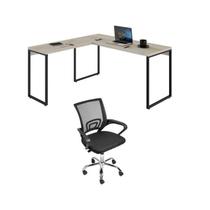 Kit 2 Peças com Mesa Escritório em L Industrial 150cm Kuadra e Cadeira de Escritório Diretor Santiago