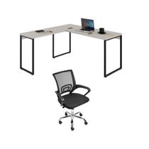 Kit 2 Peças com Mesa Escritório em L Industrial 150cm Kuadra e Cadeira de Escritório Diretor Santiago