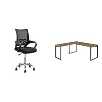 Kit 2 Peças com Mesa Escritório em L Industrial 150cm Kuadra e Cadeira de Escritório Diretor Santiago