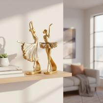 Kit 2 Peças Decorativo Luxo Estatua Bailarina Balé Dourada Com Glitter