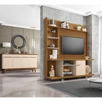 Kit 2 Peças Estante para TV até 47 Polegadas e Buffet 3 Portas com Pés de Madeira Maciça Marrom Cinamomo/Off-White/Ripado Kit 2 Peças Estante para TV até 47 Polegadas e Buffet 3 Portas com Pés de Madeira Maciça Marrom Cinamomo/Off-White/Ripado