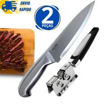Kit 2 Peças Faca Toda Em Inox Profissional N7 Texas e Afiador De Faca Inox Premium Açougue