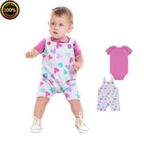 Kit 2 Peças Jardineira Infantil Menina e Body Bebê Corações