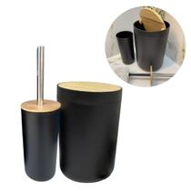 Kit 2 Peças Lixeira Tampa Bambu Escova Sanitária Elegante Sofisticado Banheiro Lavabo Conjunto