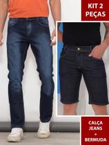 Kit 2 Peças Masculino Calça Jeans Corte Moderno Azul e Bermuda Jeans Índigo Profundo Kit 2 Peças Masculino Calça Jeans Corte Moderno Azul e Bermuda Jeans Índigo Profundo
