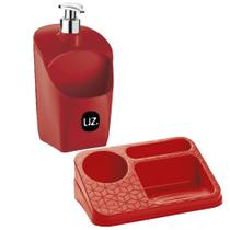 Kit 2 Peças Pia Cozinha Dispenser e Organizador Detergente Vermelha Uz