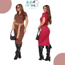 Kit 2 Peças Sortido Vestido Midi Feminino Gola Polo Canelado Plus Size Tamanho Único Elegante e Casual