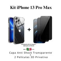 Kit 2 Películas 3D Vidro Privacidade + Capa Capinha Transparente compatível com Iphone 13 Pro Max