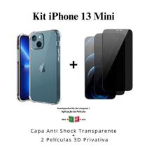 Kit 2 Películas 3D Vidro Privacidade + Capa Capinha Transparente para Iphone 13 Mini